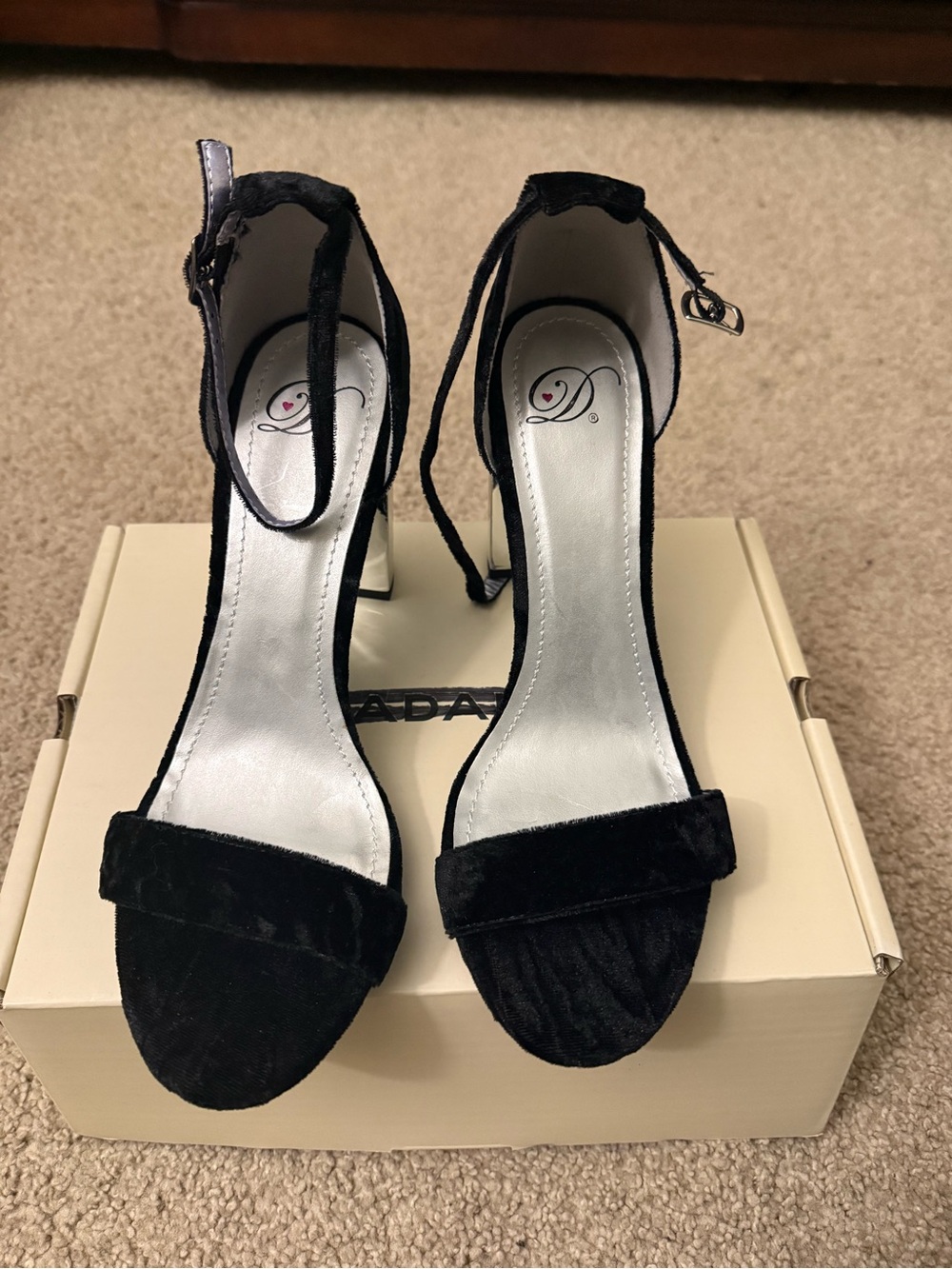 Black Velvet Ankle-Strap Sandals with Silver Block Heel | Women’s Size 10 | New